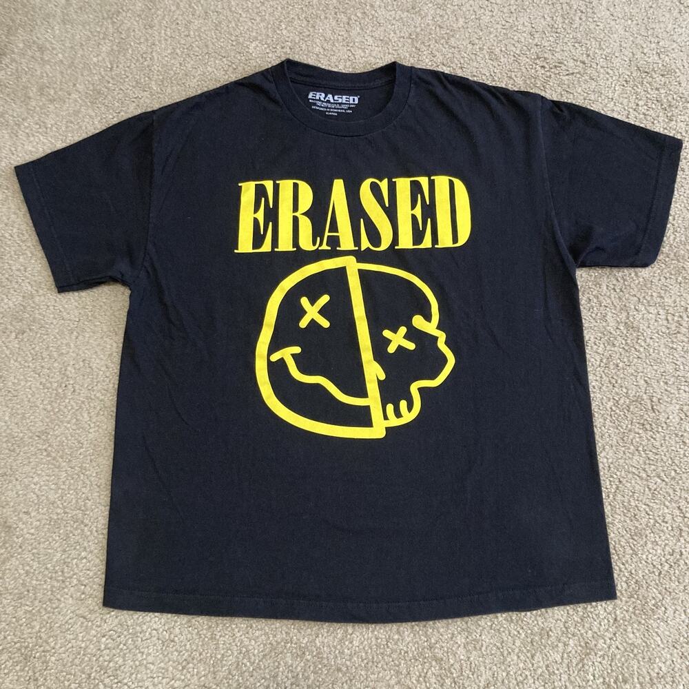 ERASED Nirvana Smiley Face/Skull Logo Crew Neck Black T-Shirt Men's Size XL